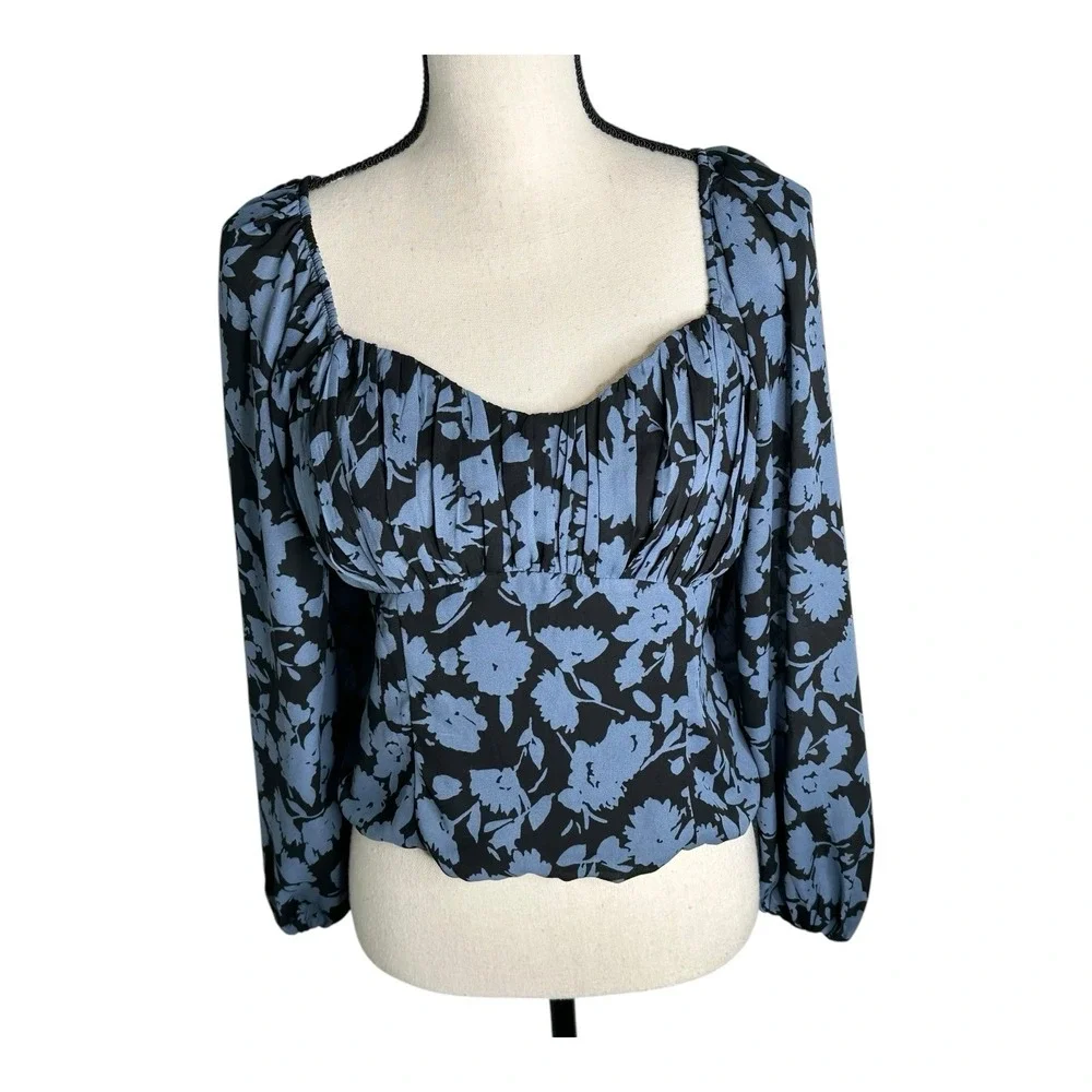 Abercrombie & Fitch Women's Large Long Sleeve Black/Blue‎  Puff Sleeve Top Sheer